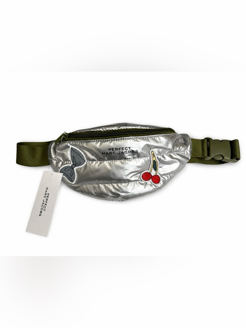 Marc Jacobs Perfect Silver Quilted Belt Bag Olive Strap Cherry Patch NWT